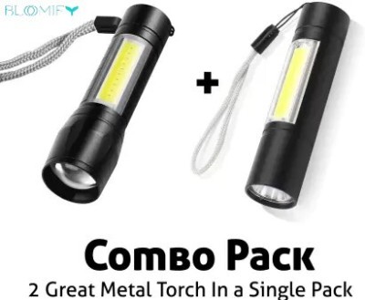BloomiFy Mini Rechargeable LED Long Range Flashlight Emergency Torch Pack of 2 8 hrs Torch Emergency Light(Black)