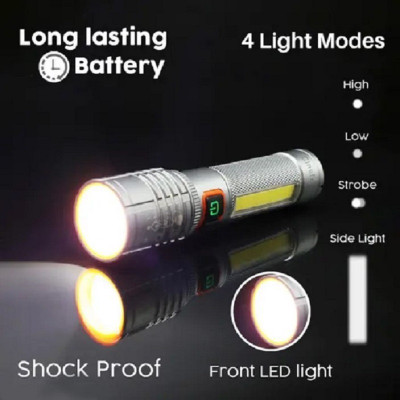 AKR Powerful Metal LED Zoomable 4 Modes Flashlight, Super Bright Cree with COB 5 hrs Torch Emergency Light(Silver)