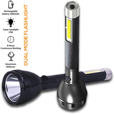 iDOLESHOP Dual Mode Power Full Rechargeable Long Range Torch Up to 1 Km With COB BackLight 8 hrs Torch Emergency Light(Black)