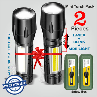 Pick Ur Needs Dual Mode 3 In 1 Mini Metal Long Range Rechargeable Torch Search 6 hrs Torch Emergency Light(Black Pack of 2)