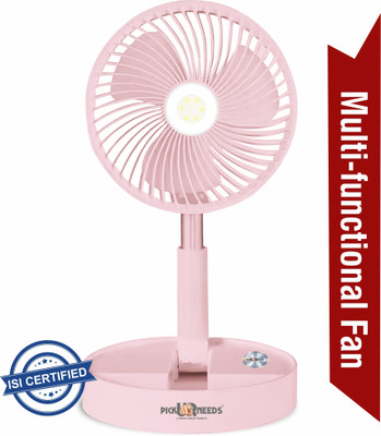 Pick Ur Needs Rechargeable Table Fan 2 Mode LED 3 Type Speed Foldable 3 Blade With LED Light 4 hrs Lantern Emergency Light(W6)