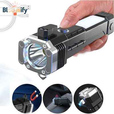 BloomiFy BMT-H66 Rechargeable LED Flashlight with Window Breaker & Seatbelt Cutter 5 hrs Torch Emergency Light(Black)