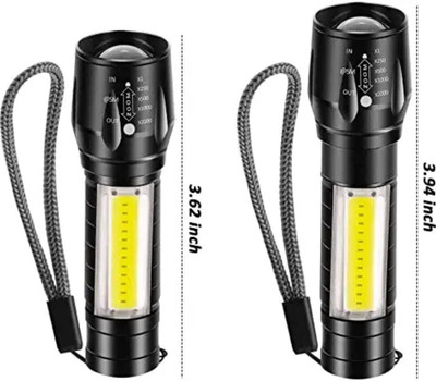 SebonCare (Pack 2 ) Mini Rechargeable Pocket Torch Light Zoom COB USB Led WaterProof_C128 3 hrs Torch Emergency Light(Black)