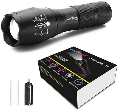 amiciVision Metal LED Torch Flashlight XML T6 Water Resistance 5 Modes Adjustable Focus without Battery Torch(Black, 13.5 cm, Rechargeable)