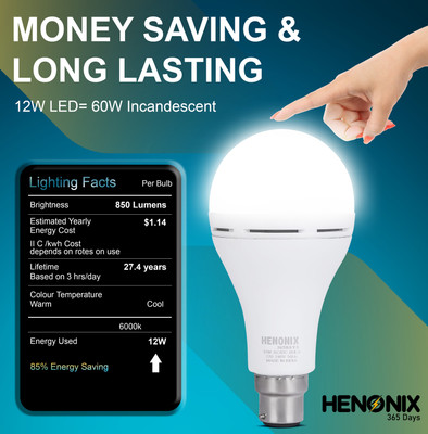 HENONIX Matte Finish 12 W Led Bulb | Rechargeable Invaerter Bulb.Cool Day Light 4 hrs Bulb Emergency Light(White)