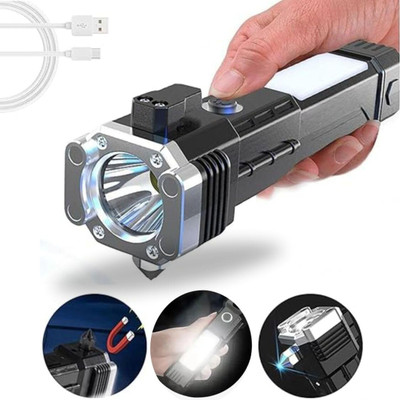 MICROBOTS Rechargeable Torch - Long Distance Beam Range Car Rescue Torch with Hammer Torch Torch(Black, 15 cm, Rechargeable)