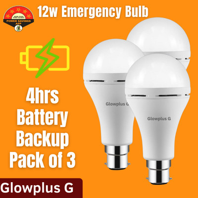 Glowplus G Pack of 3 – 12W Emergency Bulb | Long Backup, Rechargeable Bulb Set 3 hrs Bulb Emergency Light(White)