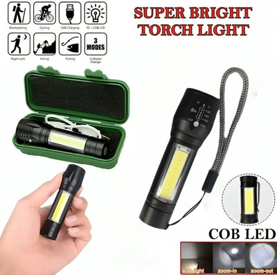 Red-sunset Mini Rechargeable Battery Led 2in1 Flashlight USB Zoomable Powerful Camping 2 hrs Torch Emergency Light(Black)