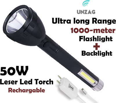 UNZAG 2Mode 5W+3W_Lithium Battery Long Range Led torch Light Rechargeable with 2 hrs Flood Lamp Emergency Light(Black)