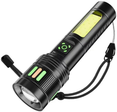 RYNZ Metal Led Torch Light Long Range 2 Km With Type C Charging & 6 in 1 Functions 8 hrs Torch Emergency Light(Black)