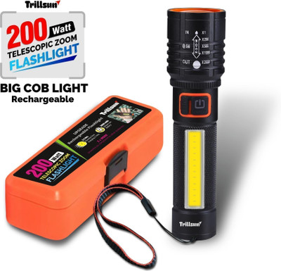 Trillsun Metal Body Zoomable torch with Big COB Light Rechargeable 1 hrs Torch Emergency Light(Black)