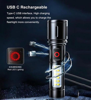 ZFX Metal Led Long Range 1000 Meter High Power Zoomable & Type-C 8 hrs Torch Emergency Light(Black)