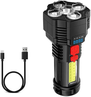 ECOSKY 5LED USB Charging Flashlight Torch with COB Side Light(Battery indicator) 5 hrs Torch Emergency Light(Black)