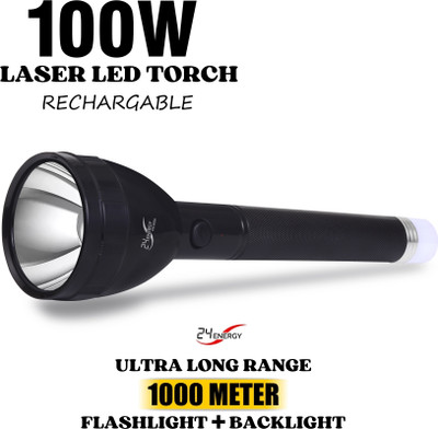 24 ENERGY 100W Laser LED Torch + Bright Back Tube Rechargeable with Charger 12 hrs Torch Emergency Light(Black) 24 ENERGY 100W Laser LED Torch + Bright Back Tube Rechargeable with Charger 12 hrs Torch Emergency Light(Black)