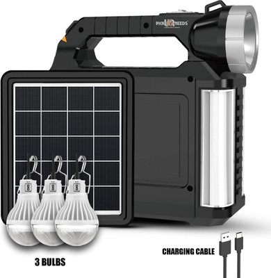 Pick Ur Needs 50W Solar Rechargeable Mini Inverter with Solar Panel &3 LED Bulb,3500mAhBattery 8 hrs Torch Emergency Light(Black)