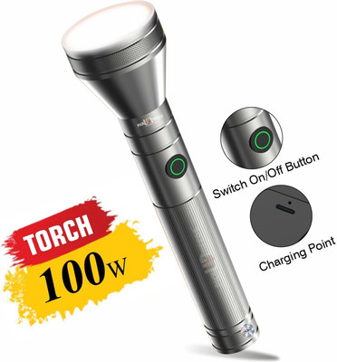 Pick Ur Needs High Bright 100W Chargeable Torch Aluminum Body Type C Charging 1200mAh Battery 5 hrs Torch Emergency Light(Silver)