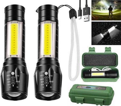 RUDON Pocket torch Light Zoom COB USB Led Water Proof Torch flashlight (Pack of 2 ) 12 hrs Torch Emergency Light(Black)