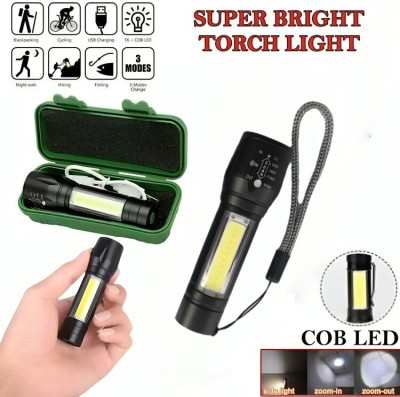 Kloud-Mounten Mini Rechargeable Battery Led 2in1 Flashlight USB Zoomable Powerful Camping 3 hrs Bulb Emergency Light(Black)