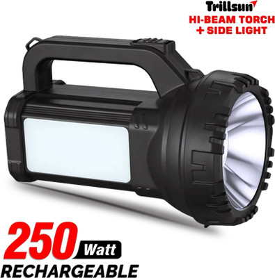 Trillsun 250W Laser LED Searchlight Torch + Side Light Tube Rechargeable 6 hrs Torch Emergency Light(Black)