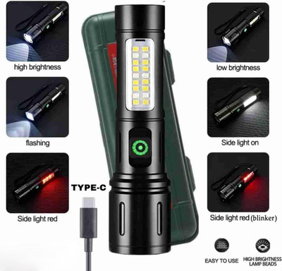 RYNZ Aluminium Metal Torch Light Long Range 1000 Meter 1Km Zoomable With Type-C USB 8 hrs Torch Emergency Light(Black)