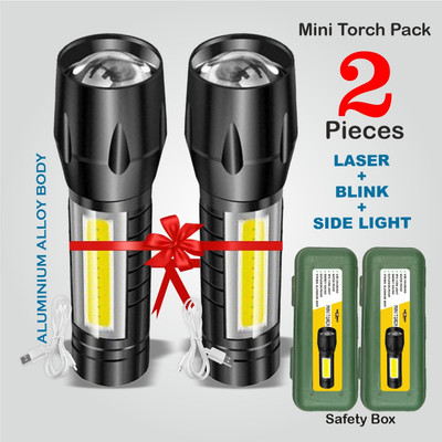 Sunaze Chargeable Pocket Torch With Side COB LED Light Zooming Head Adjusting Focus LED 3 hrs Torch Emergency Light(Black , Yellow)