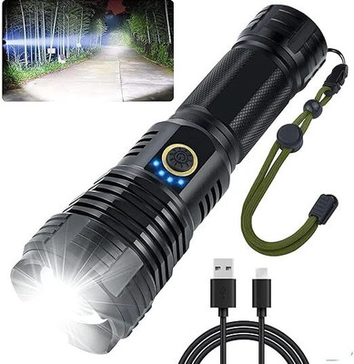 Zeno volt 20000 Lumens Rechargeable LED Flashlight with 5 Lighting Modes, Zoomable, Torch(Black, 20 cm, Rechargeable)