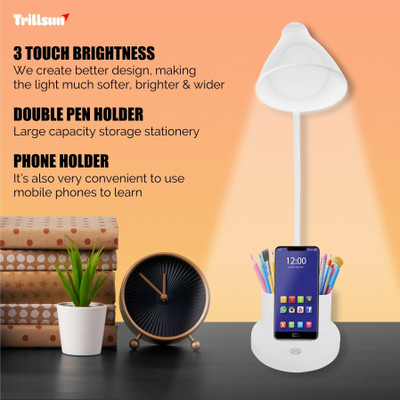 Trillsun Touch Control Multifunctional Table Lamp with Eye Protect Mobile & Pen Holder 4 hrs Flood Lamp Emergency Light(White)