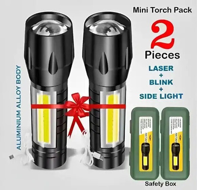 CRENTILA (Pack of 2) Mini Pocket Light Zoom COB USB Charging Led Water Proof 6 hrs Torch Emergency Light(Black)