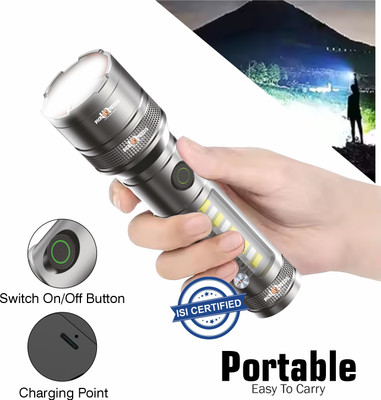 Pick Ur Needs 200W Rechargeable LED Flashlight with Zoom, Type-C Charging Port, COB Side Light 6 hrs Lantern Emergency Light(Grey)