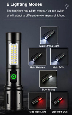RYNZ Aluminium Alloy Metal Torch Light With Telescopic Zoom Type-C USB Multifunction 12 hrs Torch Emergency Light(Black)