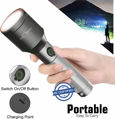 Pick Ur Needs 100W+100W LED Rechargeable Long Range Torch Light - 5 Lighting Modes Flashlight 6 hrs Lantern Emergency Light(Grey)