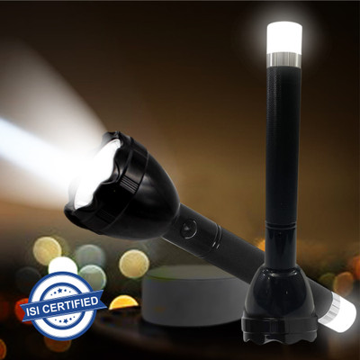 Pick Ur Needs 2 in1 Long Beam Waterproof Led Flashlight Torch with Rechargeable Battery and 2 modes 6 hrs Torch Emergency Light(Black)