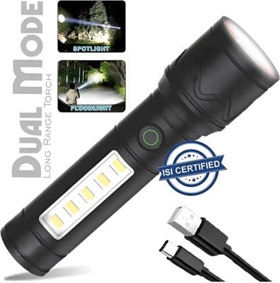 Zeno volt 1 Km Long Range Led 2 in 1 Torch Light With Aluminium Alloy Metal Body Torch 6 hrs Torch Emergency Light(Black)