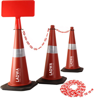 Ladwa 750mm 3 Traffic Safety Cones + 3 mtr chain + 3 Hooks & 1 Sign Plate Emergency Sign(Reflective Sign)