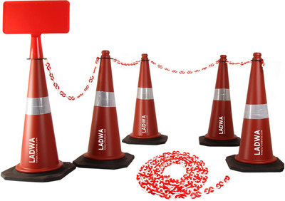 Ladwa 750mm 5 Traffic Safety Cones + 5 mtr chain + 5 Hooks & 1 Sign Plate Emergency Sign(Reflective Sign)