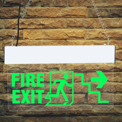 Bluebeems Green LED Light - FIRE EXIT with Man Running & Stairs Right Arrow I 12X6Inch Emergency Sign(Reflective Sign)