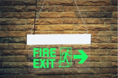 Bluebeems Green LED Light SignBoard - FIRE EXIT with Man Running Right Arrow I 12X6 Inch Emergency Sign(Reflective Sign)
