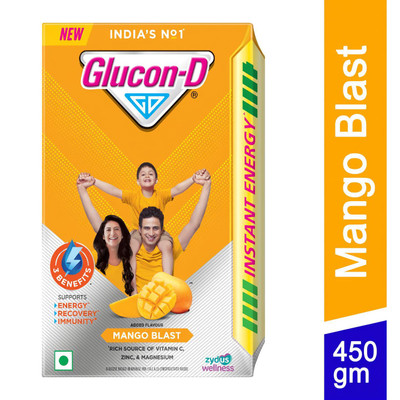 GLUCON-D Mango Blast with 3 Benefits of Energy, Recovery, and Immunity, Refill Sports Drink(450 g, Mango Blast Flavored)