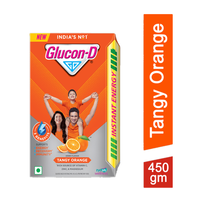 GLUCON-D Tangy Orange with 3 Benefits of Energy, Recovery, and Immunity, Refill Sports Drink(450 g, Tangy Orange Flavored)
