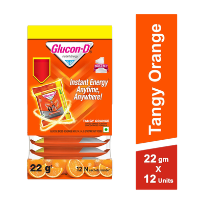 GLUCON-D Tangy Orange with 3 Benefits of Energy, Recovery, and Immunity, Sachet Sports Drink(12x22 g, Tangy Orange Flavored)