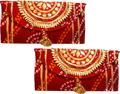 BERRYCRAVE JAIPURI Fabric Card 3D Shagun Money Envelope Lifafa for Shaadi Festival Marriage Envelopes(Pack of 2 Red)