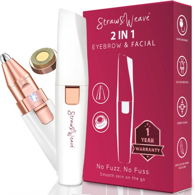 Straw&Weave Facial Hair Removal Machine | Eyebrow Trimmer & Epilator | Trimmer For Women Private Part | 2 In 1 Trimmer 400 mAh Battery 1 Year Warranty | Painless Hair Removal Machine | Nose Hairs Remover Cordless Epilator(White)