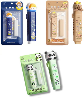 CPM Kawaii Cute Push-Pull Retractable Eraser Set, Adorable School & Office Supplies Non-Toxic Eraser(Set of 3, Blue - Space Travel, Brown - Capybara, Light Green - Panda)
