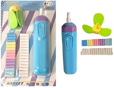 MAVB Cute Cartoon Print Electric Pencil Erasers with Fan and 30 Refills Set Non-Toxic Eraser(Set of 1, Blue)