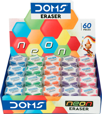 DOMS Neon Hexagonal Dust Free Non-Toxic Eraser(Set of 60, Multicolor)