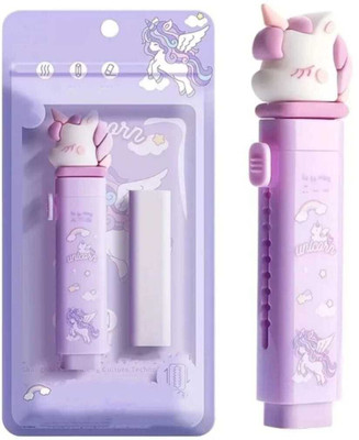 Cravstat Yo Yo Unicorn Cartoon Design Push-Pull Eraser (set of 1 pen 2 refill) Non-Toxic Eraser(Set of 1, Purple)