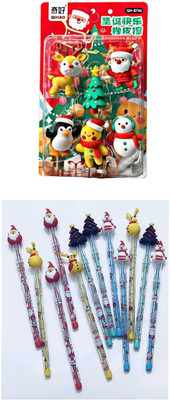 Poohan Unique Combo Pack Xmas Theme Eraser & Lead Pencil Pack of 6 ERASERS & 12 Pencils Non-Toxic Eraser(Set of 18, Multicolor)