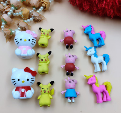 Paper Bear Combo 3UNicorn 3Peppa 3Pikacho Eraser and 2 Kitty Sharpener Non-Toxic Eraser(Set of 11, Multicolor)