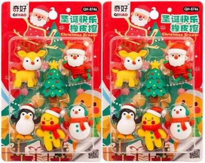 Poohan CHRISTMAS XMAS SPECIAL THEME ERASER GIFT PACK OF 2 SET MULTICOLOUR (12 ERASERS,) Non-Toxic Eraser(Set of 12, Multicolor)