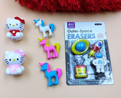 Paper Bear 3 Unicorn Theme Erasers and 2 Kitty Sharpener and outer space eraser Non-Toxic Eraser(Set of 9, Multicolor)